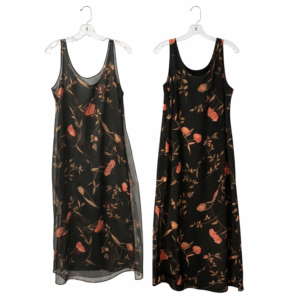 Vintage 90s Helene Blake Black Floral 2 Pc Midi Dress w/ Sheer Overlay & Slits